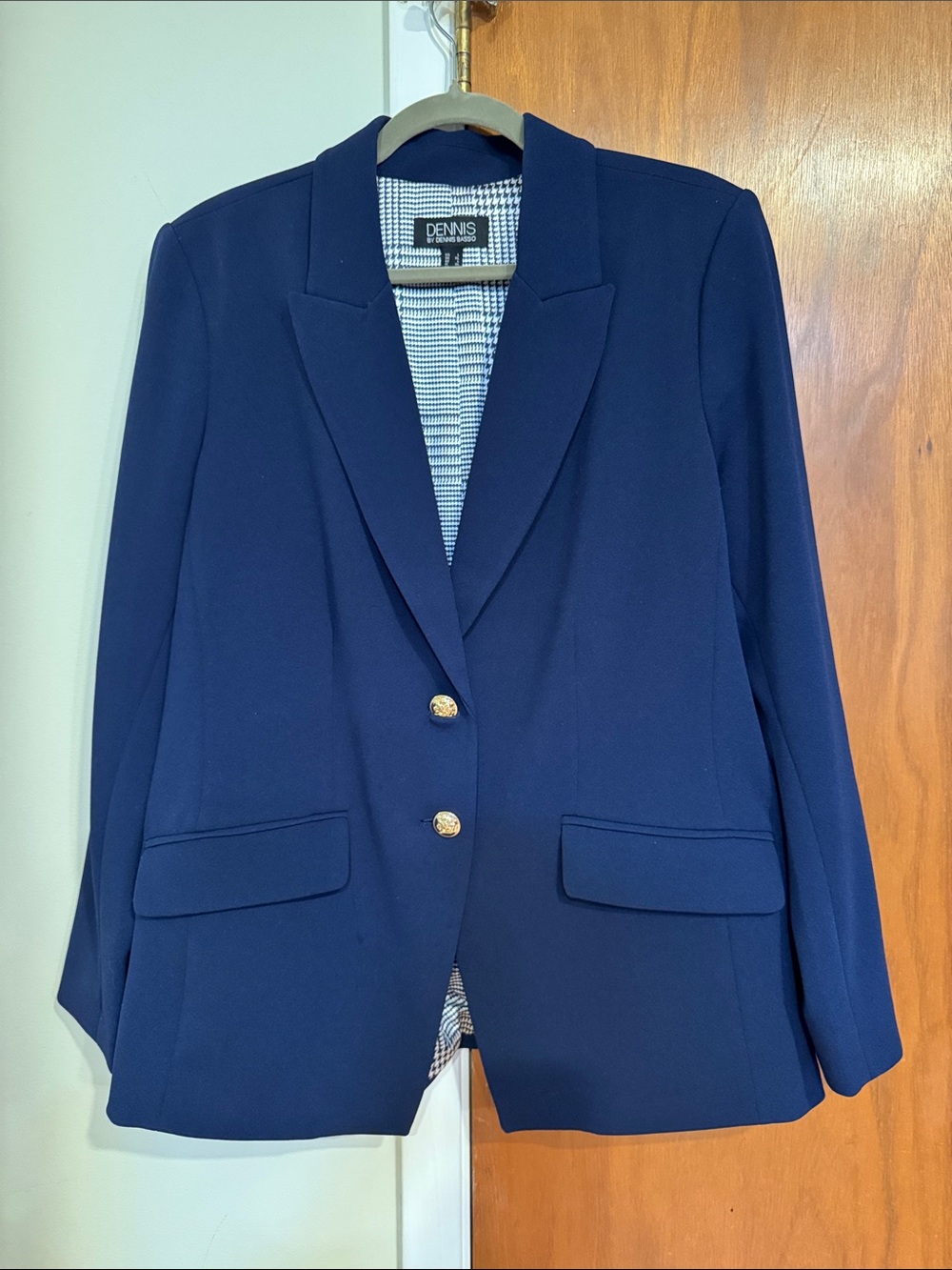 dennis basso Navy Blue Tailored Blazer with Gold Buttons